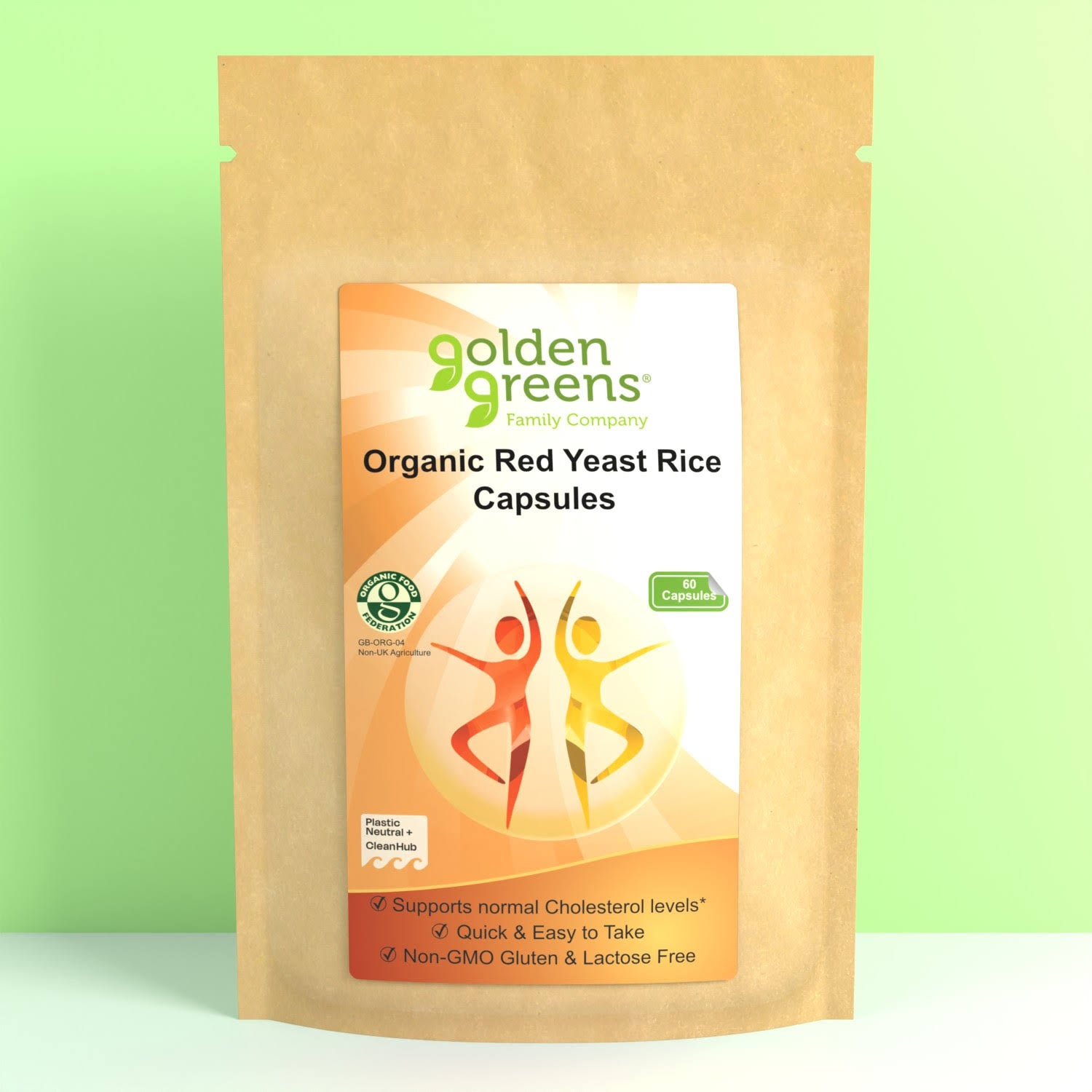 Organic red yeast rice capsules in a brown pouch with a colorful label, featuring dancing figures and health claims.